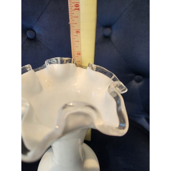Fenton Silver Crest Milk Glass Ruffled Vase – 9" Crimped Clear Edge Vintage - Picture 5 of 6